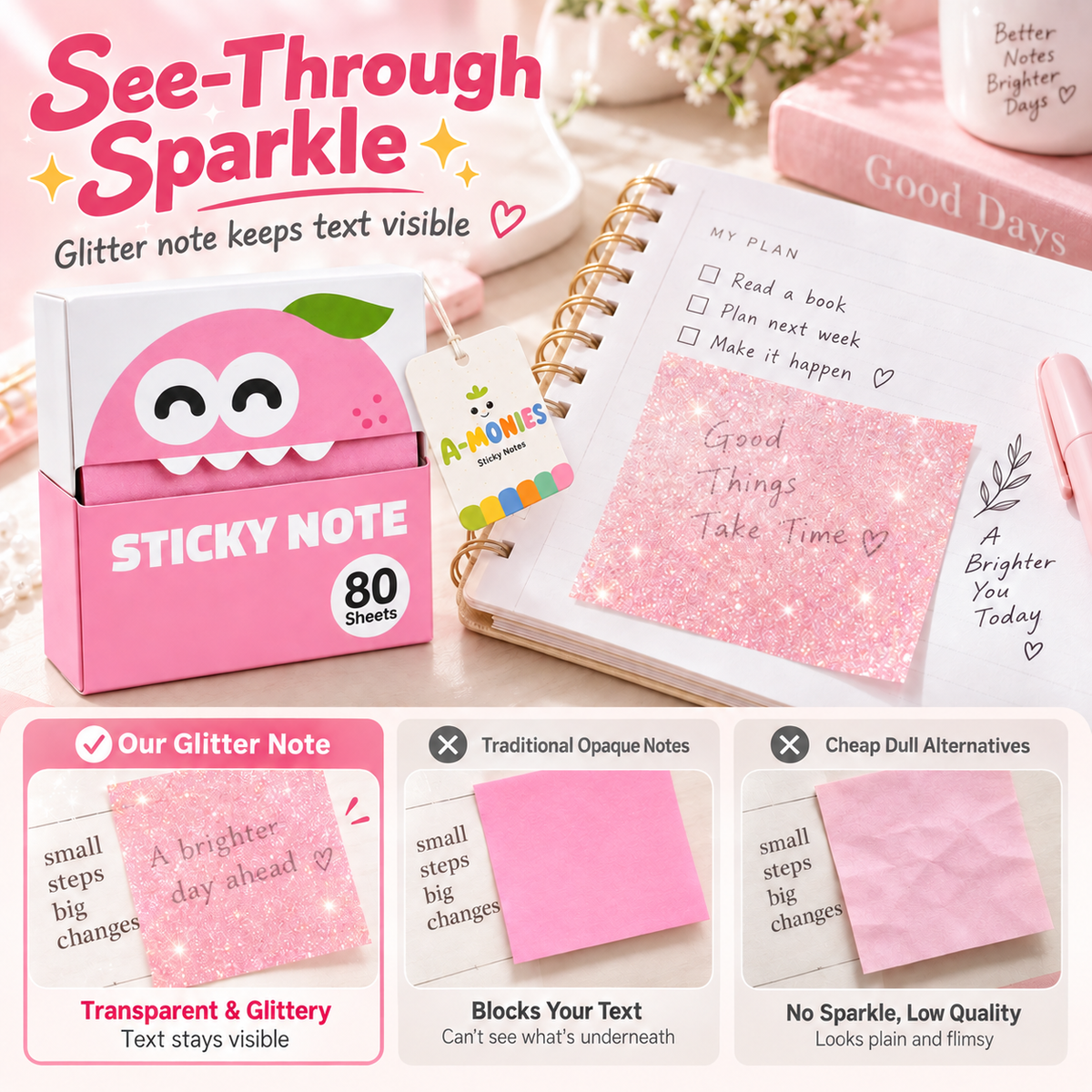 ✨ Glitter Transparent Pull-Out Sticky Notes & Aesthetic Memo Pads