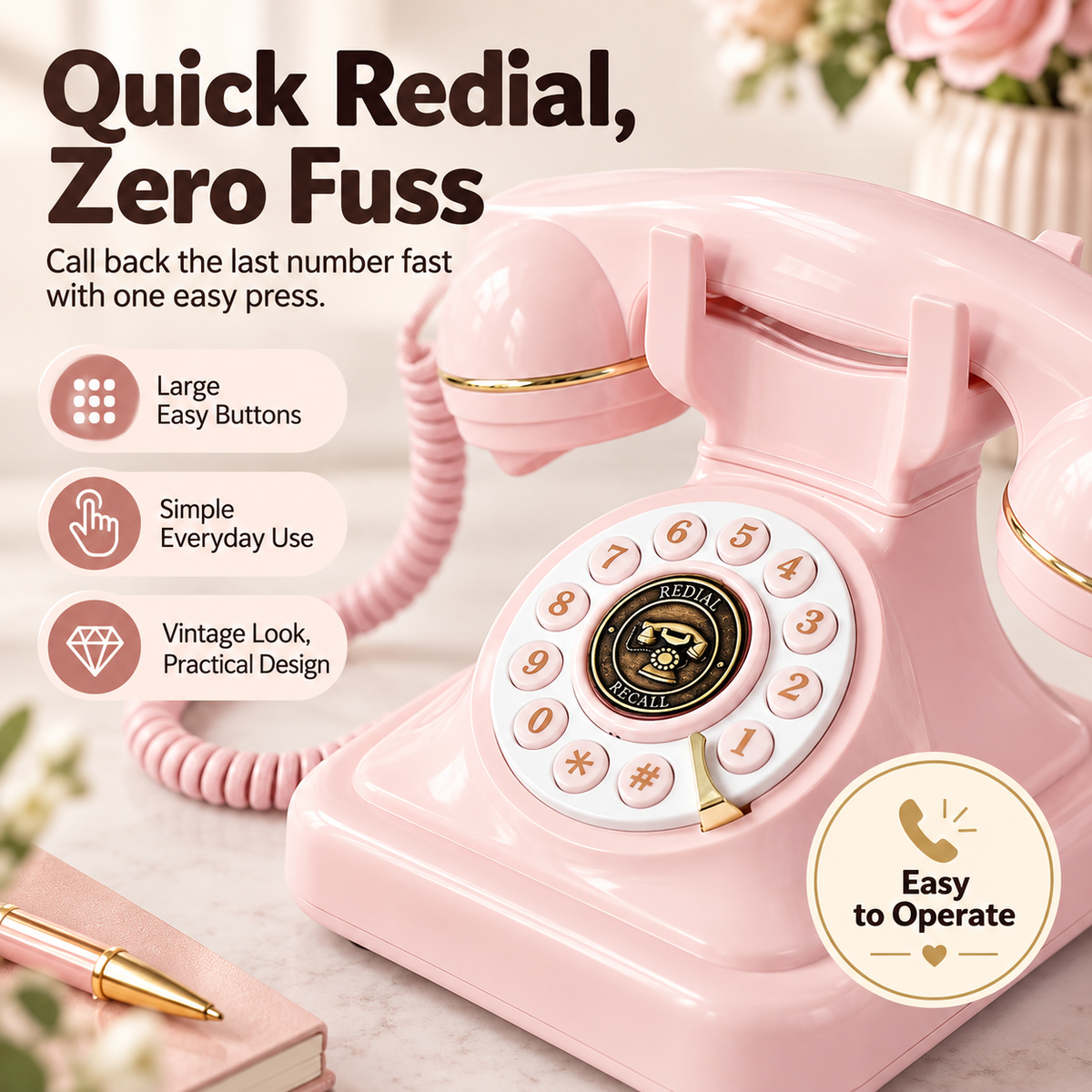 ☎️ Vintage Pink Corded Landline Phone – Retro Home Décor 🌸