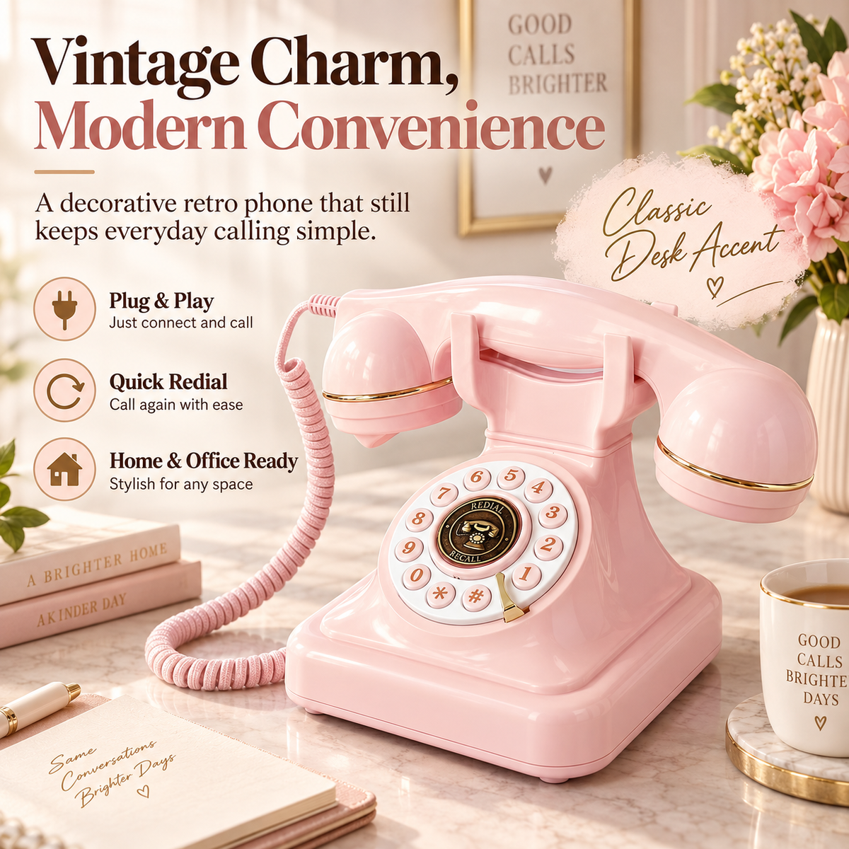 ☎️ Vintage Pink Corded Landline Phone – Retro Home Décor 🌸