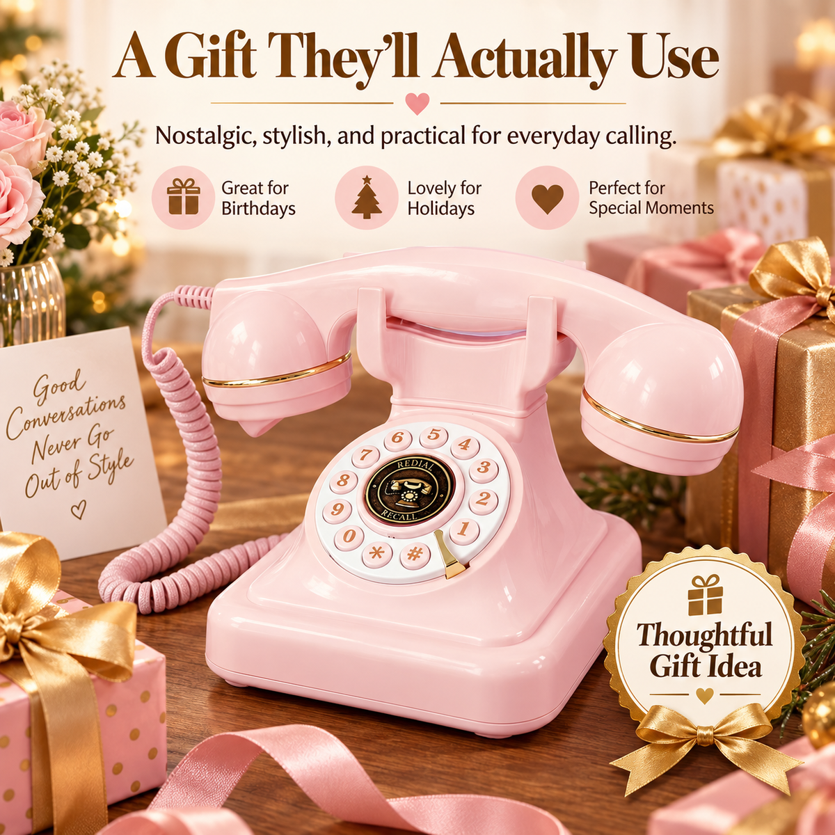 ☎️ Vintage Pink Corded Landline Phone – Retro Home Décor 🌸