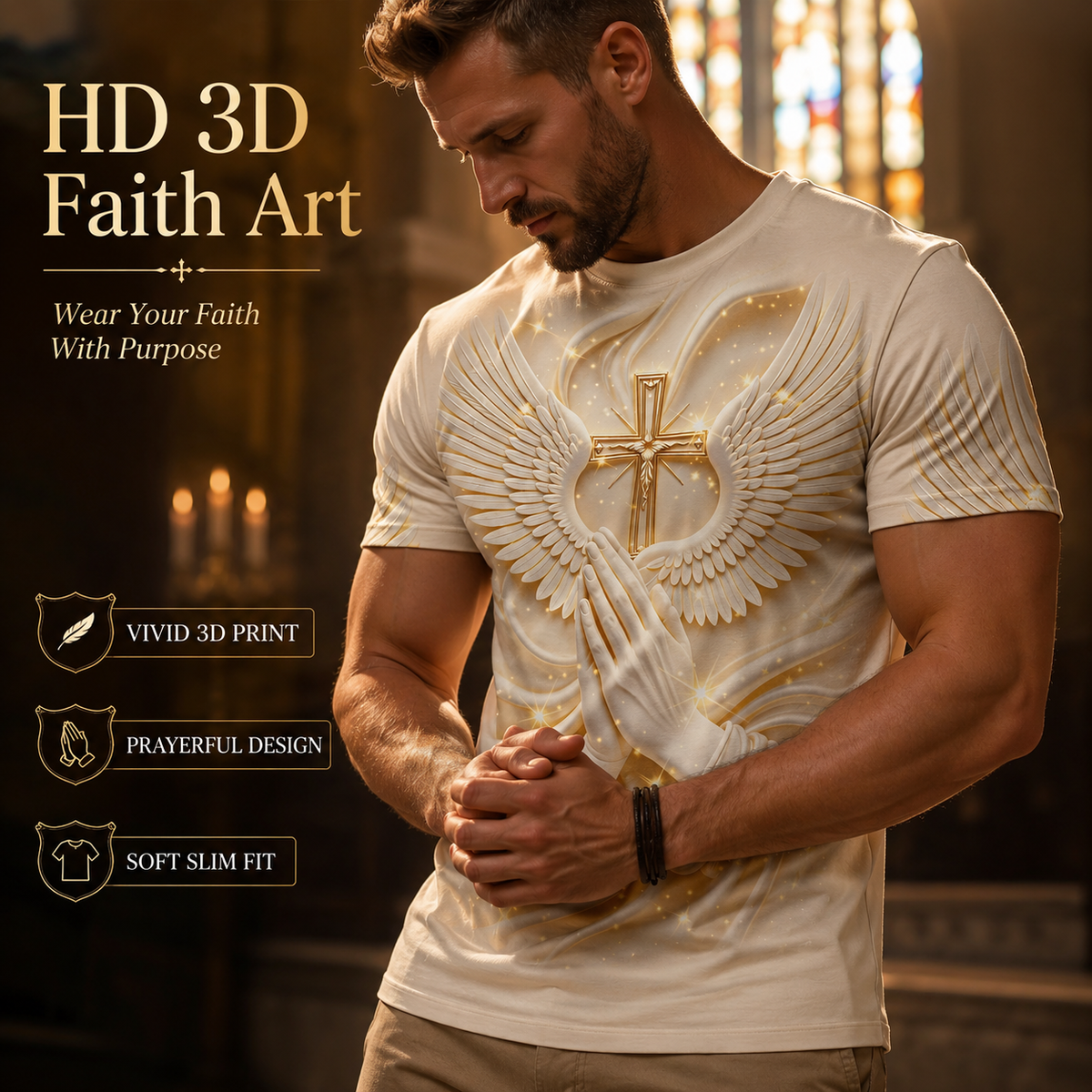 Men's 3D Religious Cross & Angel Wings T-Shirt