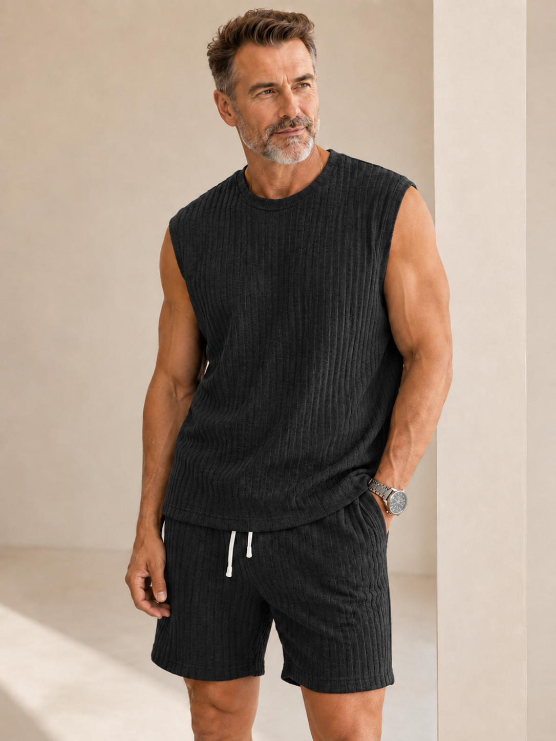 🌊 Men's Waffle Knit Tank Top & Shorts Set
