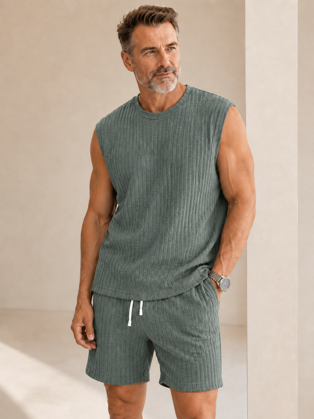 🌊 Men's Waffle Knit Tank Top & Shorts Set