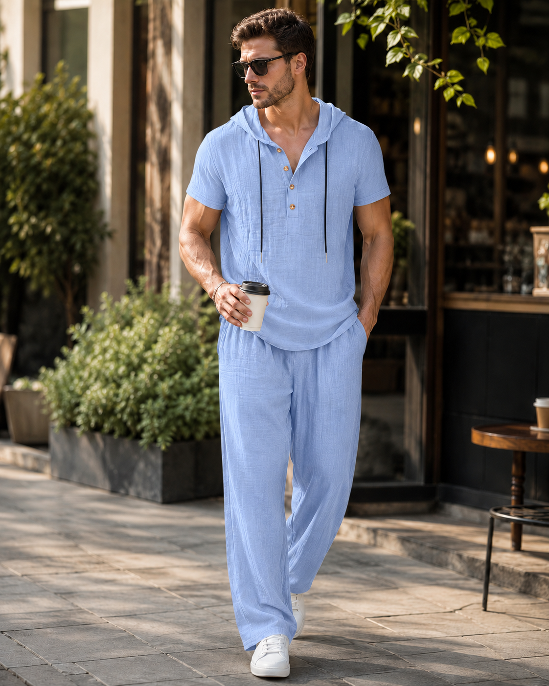 🌾 Men's Casual Linen-Look Hooded 2-Piece Set