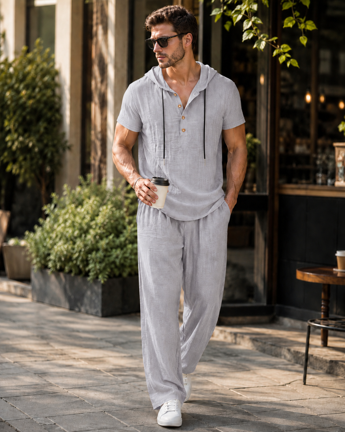 🌾 Men's Casual Linen-Look Hooded 2-Piece Set