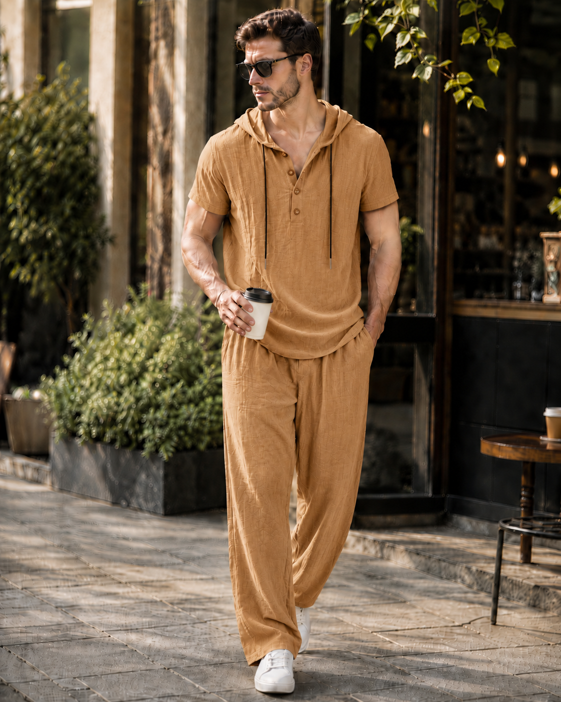 🌾 Men's Casual Linen-Look Hooded 2-Piece Set
