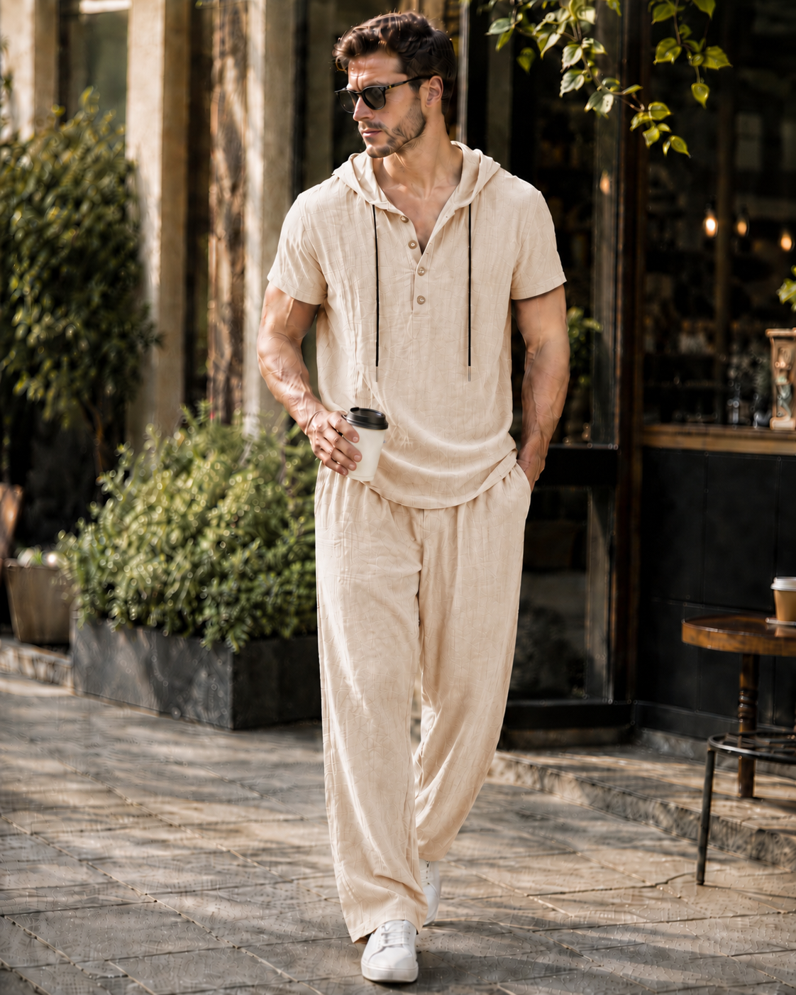 🌾 Men's Casual Linen-Look Hooded 2-Piece Set