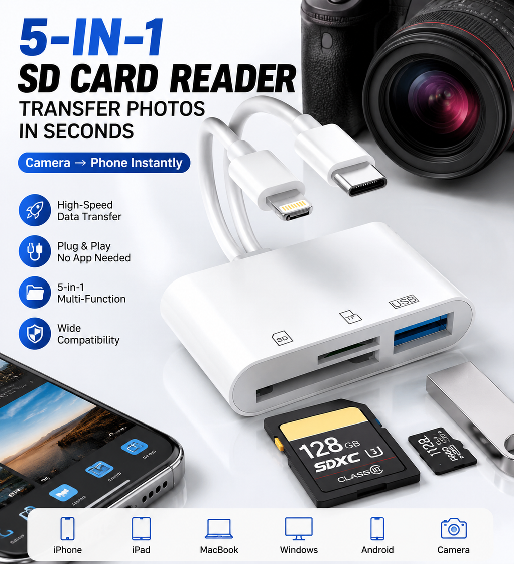 💥Hot💥Limited-time 50% discount🔌 5-in-1 SD Card Reader for iPhone & USB-C – Fast Photo & Video Transfer Adapter