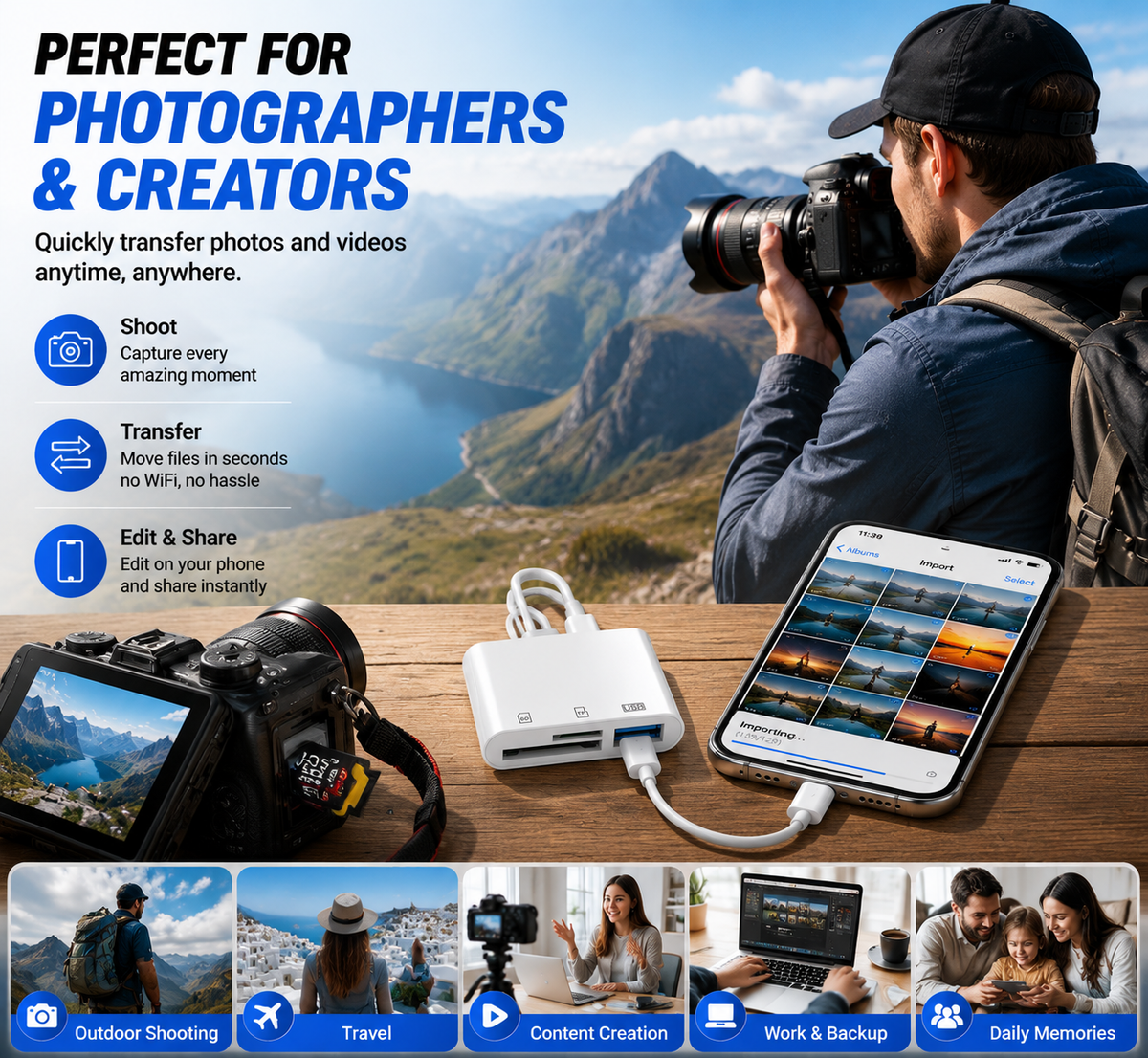 💥Hot💥Limited-time 50% discount🔌 5-in-1 SD Card Reader for iPhone & USB-C – Fast Photo & Video Transfer Adapter