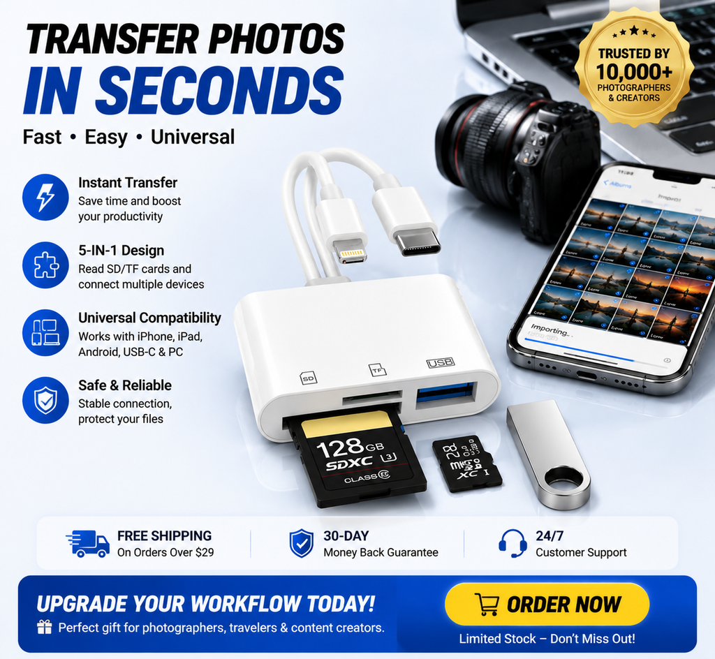 💥Hot💥Limited-time 50% discount🔌 5-in-1 SD Card Reader for iPhone & USB-C – Fast Photo & Video Transfer Adapter