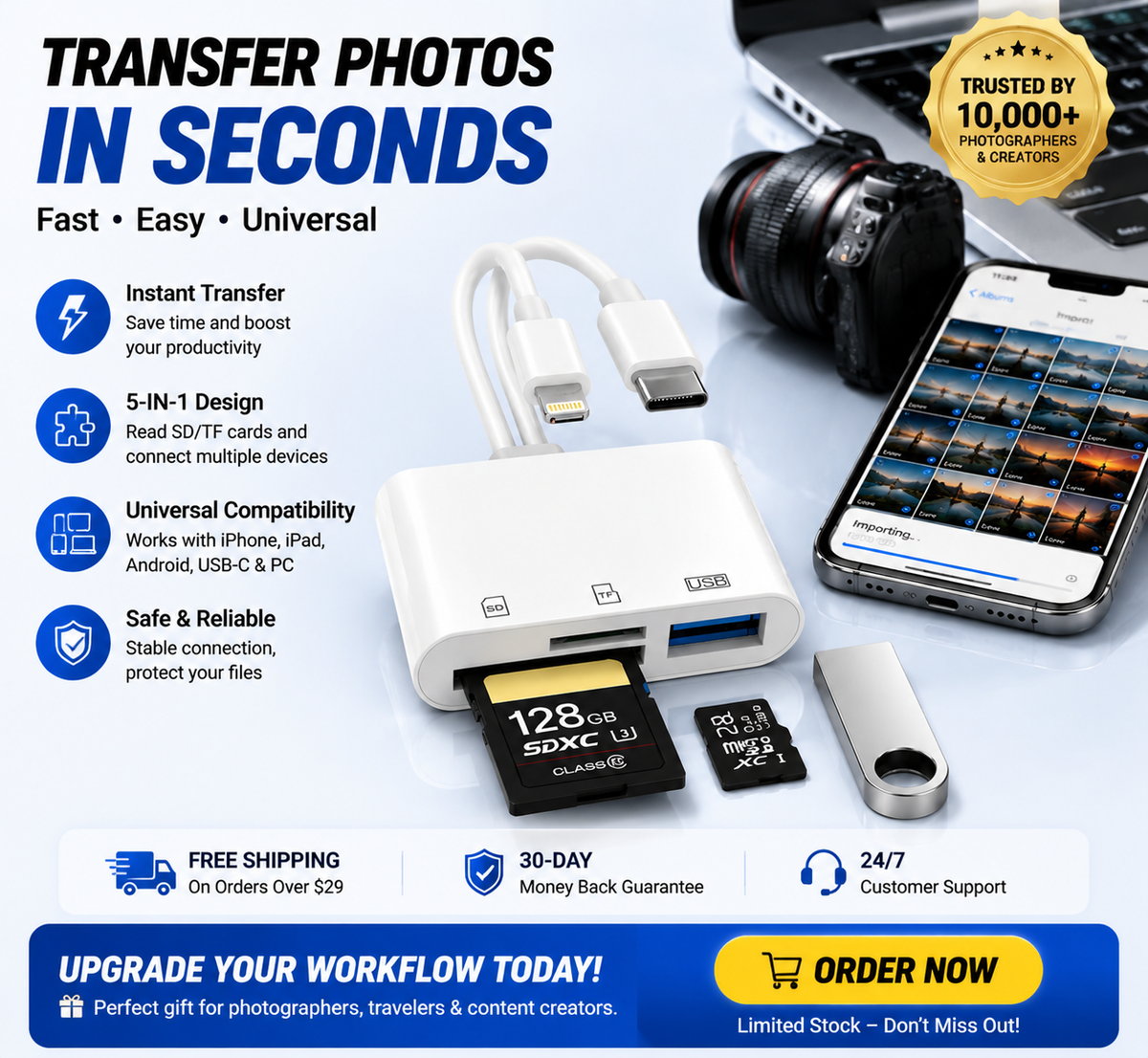 💥Hot💥Limited-time 50% discount🔌 5-in-1 SD Card Reader for iPhone & USB-C – Fast Photo & Video Transfer Adapter