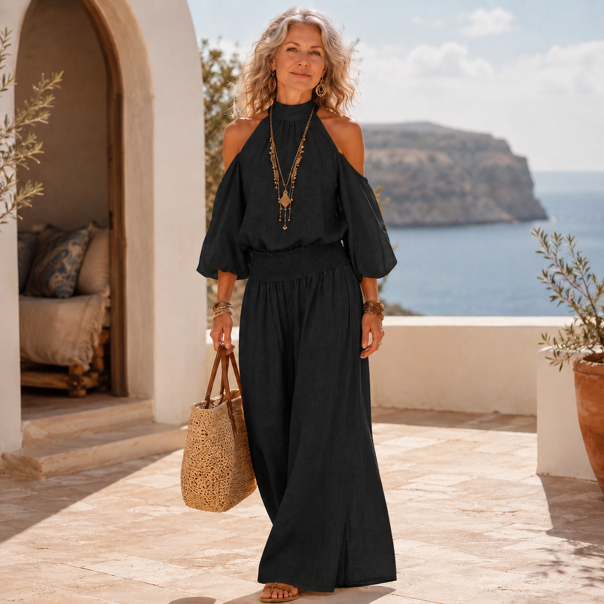 🩵 Halter Cold-Shoulder Two-Piece Vacation Set