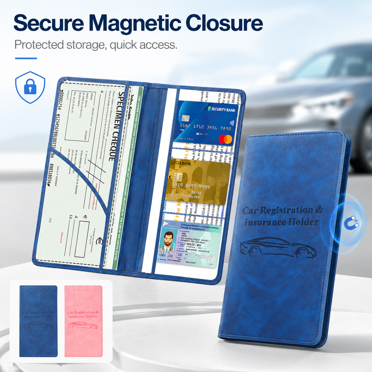 Car Registration & Insurance Card Holder – Magnetic Closure Vehicle Document Organizer Wallet