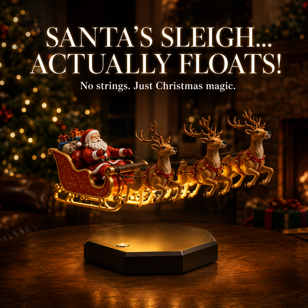 🎅🛷 Floating Santa Sleigh with 4 Reindeer – Magnetic Levitation Christmas Display 🦌🎄✨
