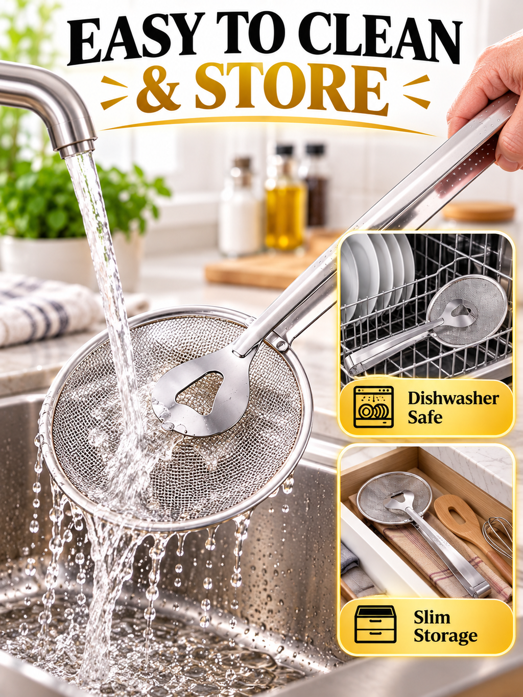 🍳 Kitchen Deal – 2-in-1 Frying Strainer Tongs 🥢 Stainless Steel Skimmer for Easy Oil Draining & Serving 🍤