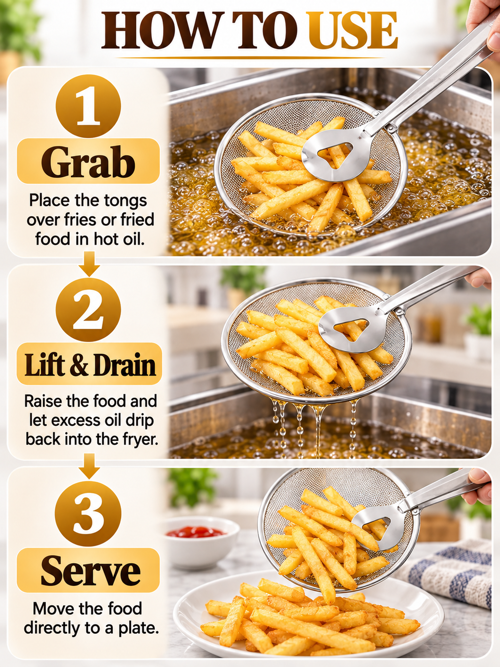 🍳 Kitchen Deal – 2-in-1 Frying Strainer Tongs 🥢 Stainless Steel Skimmer for Easy Oil Draining & Serving 🍤