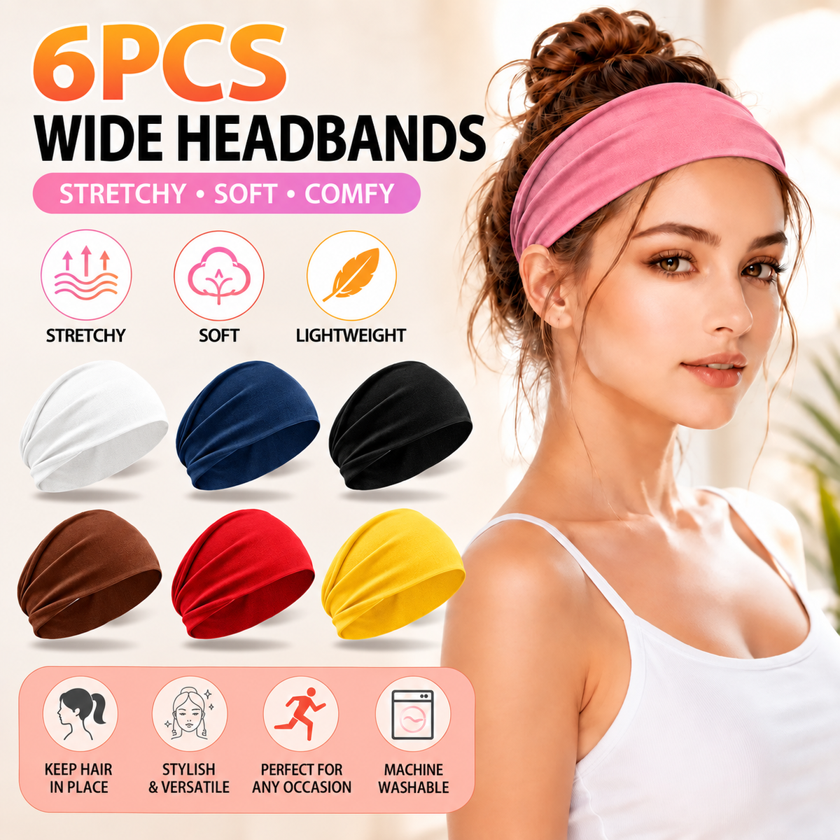 Women's Universal 6-Pack No-Slip Elastic Fashion Headband Set