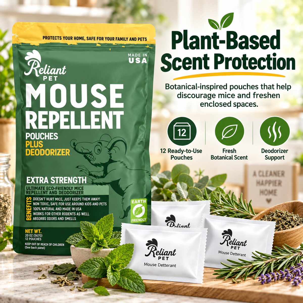 Reliant Pet Mouse Repellent Pouches - Rodent Repellent Made in USA (12 Pouches)