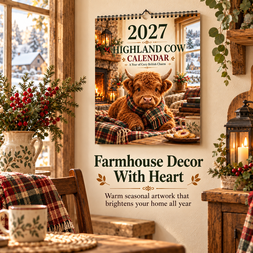 🐮 2027 Highland Cows Seasons Calendar – 12-Month Fluffy Cow Wall Calendar