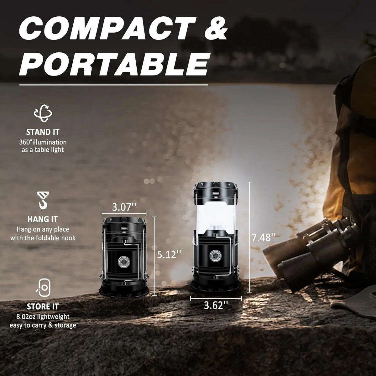🔦Solar USB Rechargeable Collapsible Camping Lantern Flashlight, Waterproof Emergency Light
