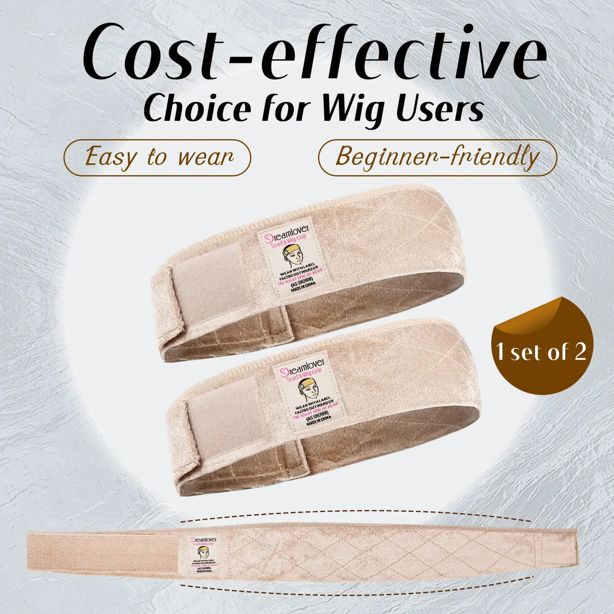 Non-slip adjustable velvet headband for wigs and headscarves – wig grip band (2-pack)