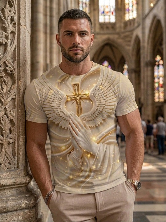 ⛪ Men's Angel Wings & Cross Print T-Shirt