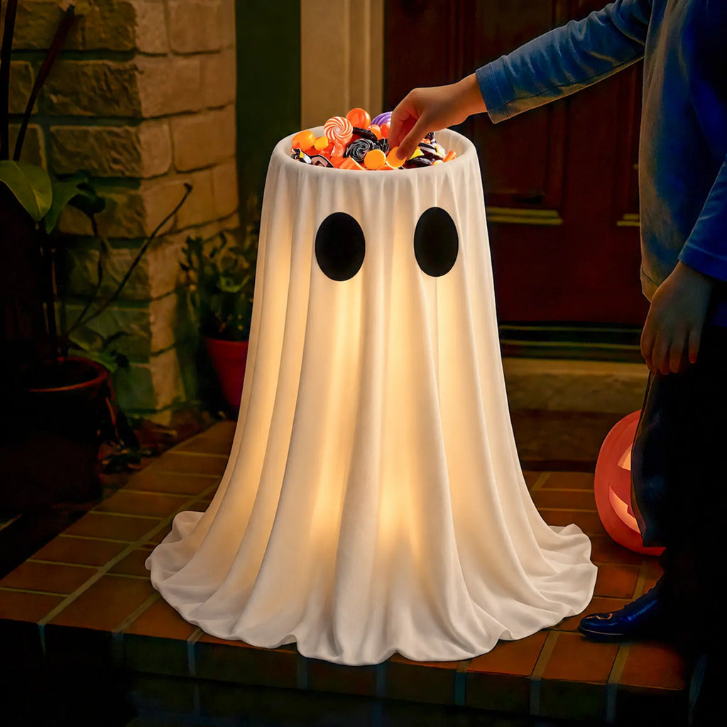 👻🍬 Halloween Glow-in-the-Dark Ghost Candy Bowl – With String Lights, Timer, and Remote Control 🎃✨