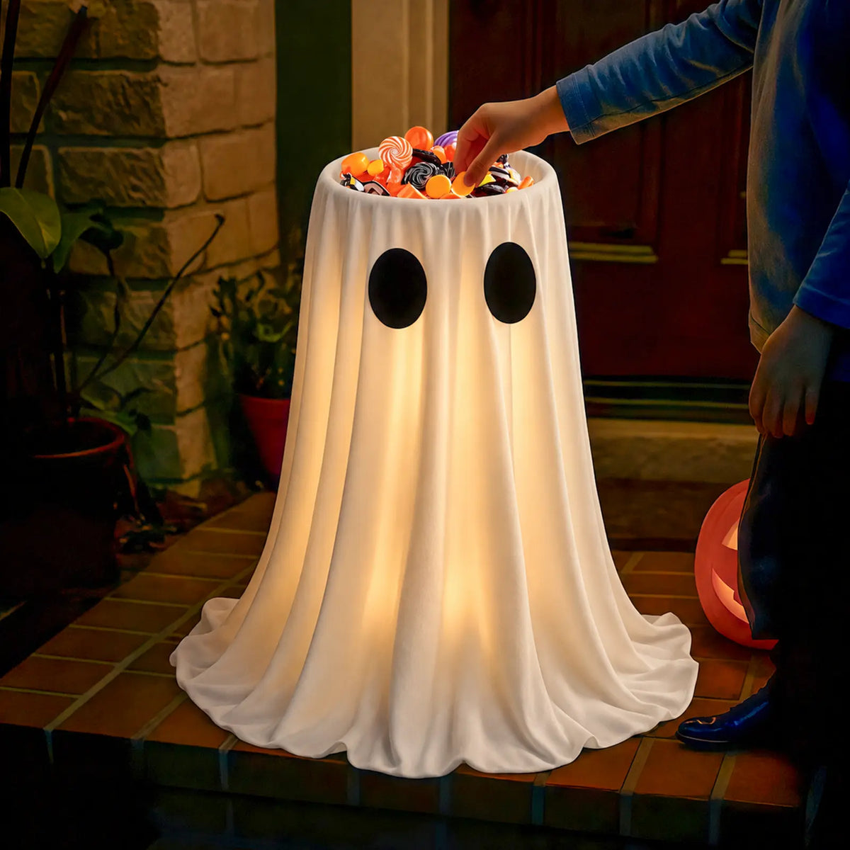 👻🍬 Halloween Glow-in-the-Dark Ghost Candy Bowl – With String Lights, Timer, and Remote Control 🎃✨