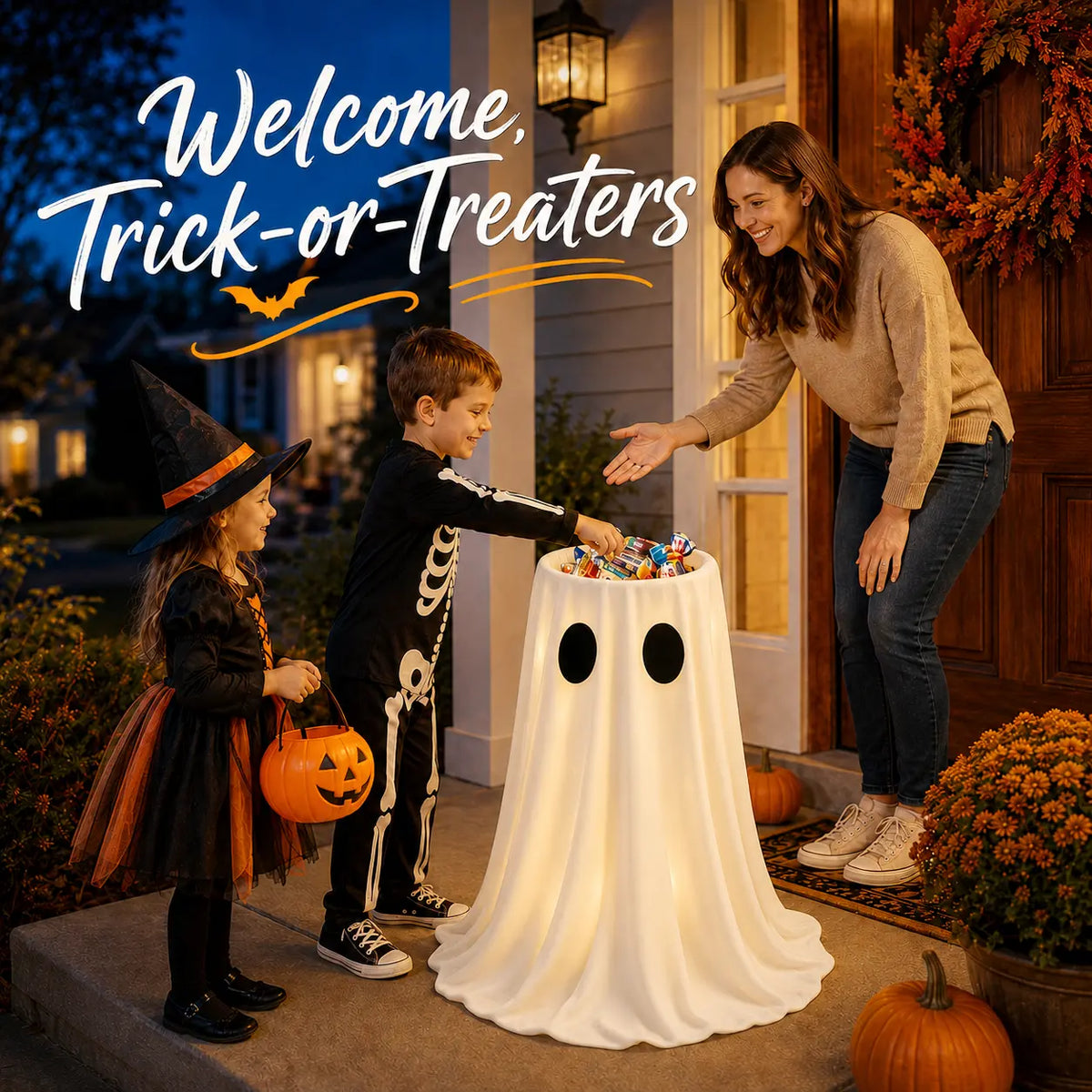 👻🍬 Halloween Glow-in-the-Dark Ghost Candy Bowl – With String Lights, Timer, and Remote Control 🎃✨