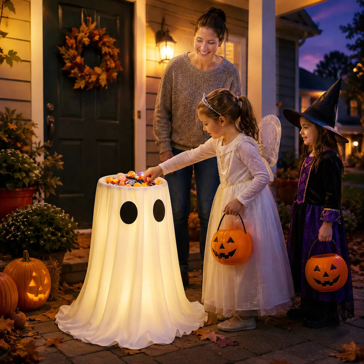 Halloween Glow-in-the-Dark Ghost Candy Bowl – With String Lights, Timer, and Remote Control