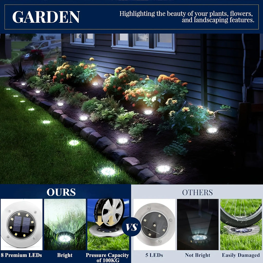 Outdoor waterproof solar ground lights, suitable for landscape lighting in courtyards, along pathways, on lawns, in yards, on terraces, and in similar areas.