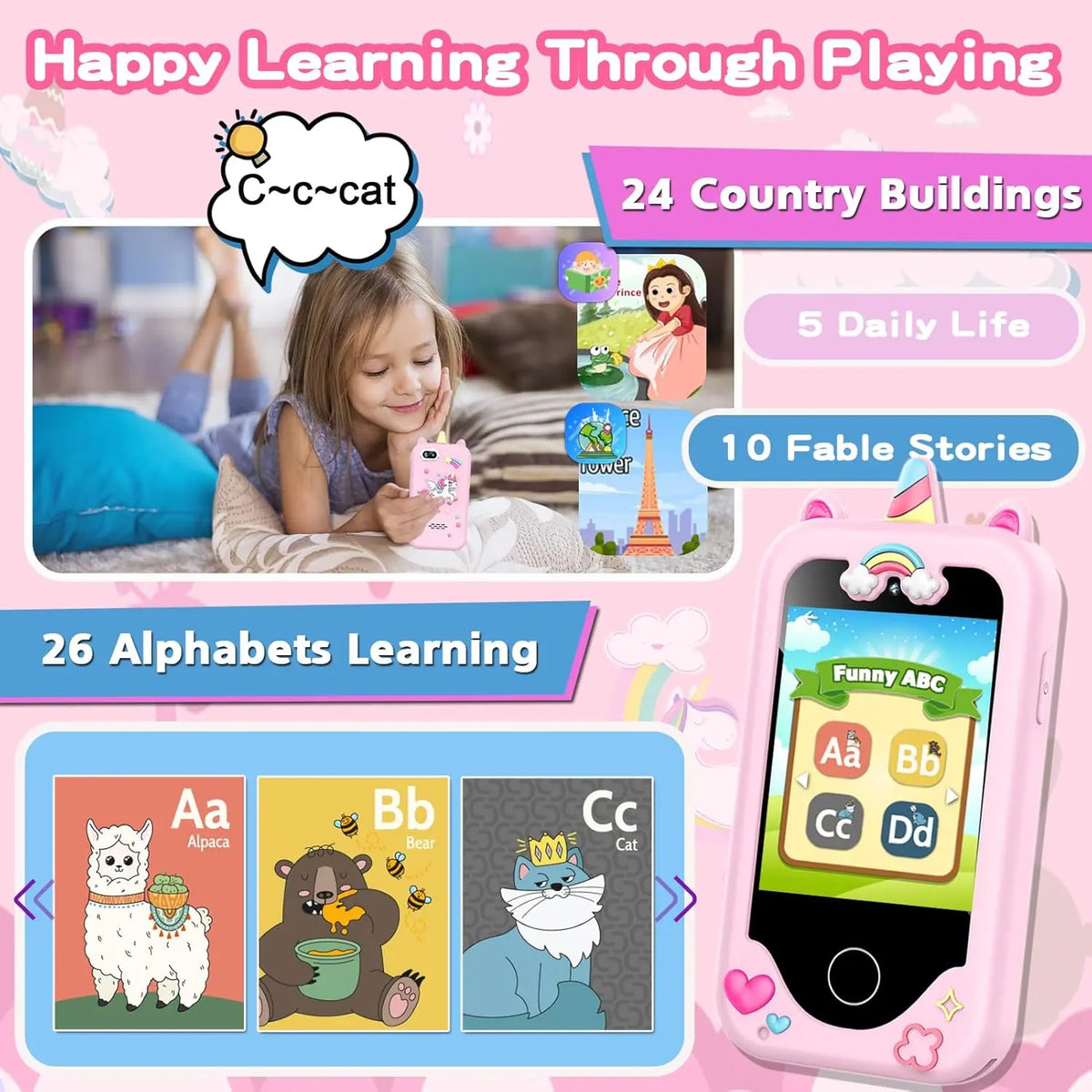 Smartphones for children, featuring an HD touchscreen, dual cameras, and built-in MP3 player and games.