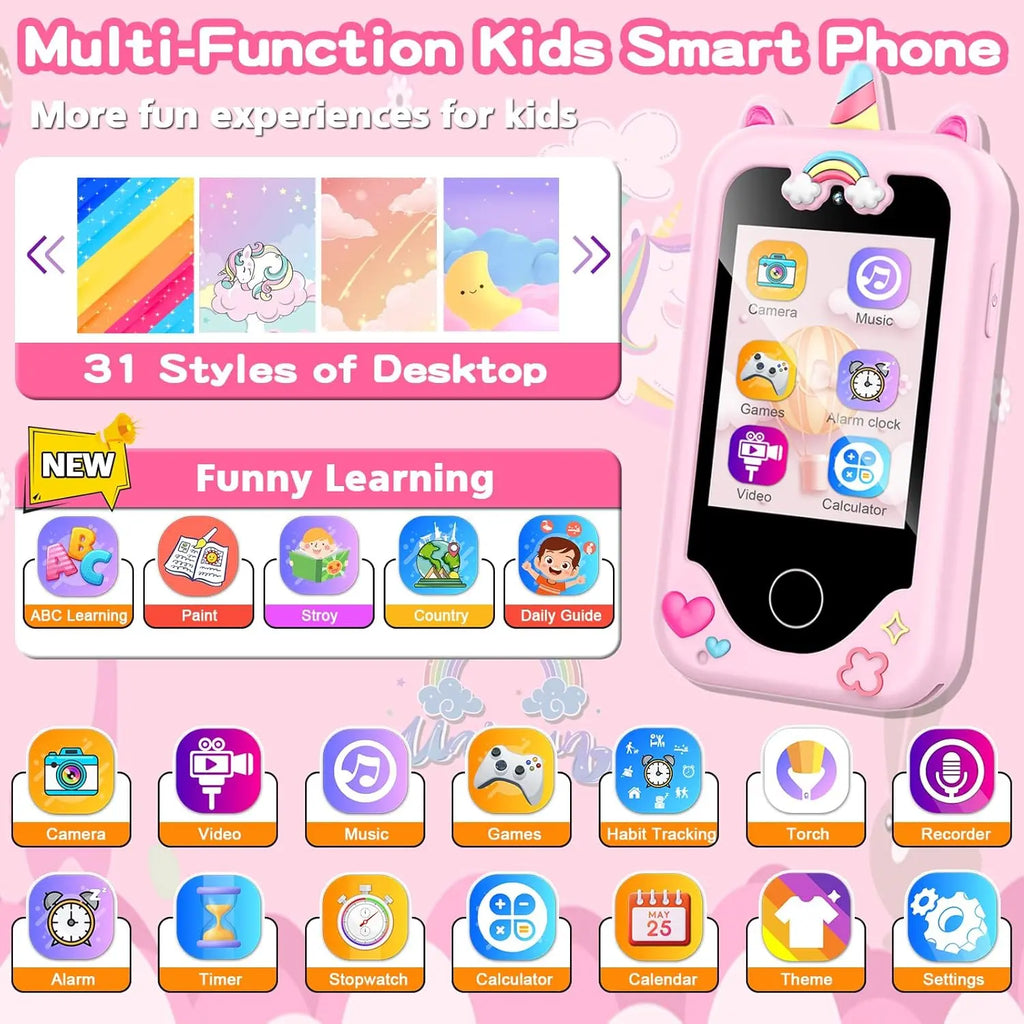 Smartphones for children, featuring an HD touchscreen, dual cameras, and built-in MP3 player and games.