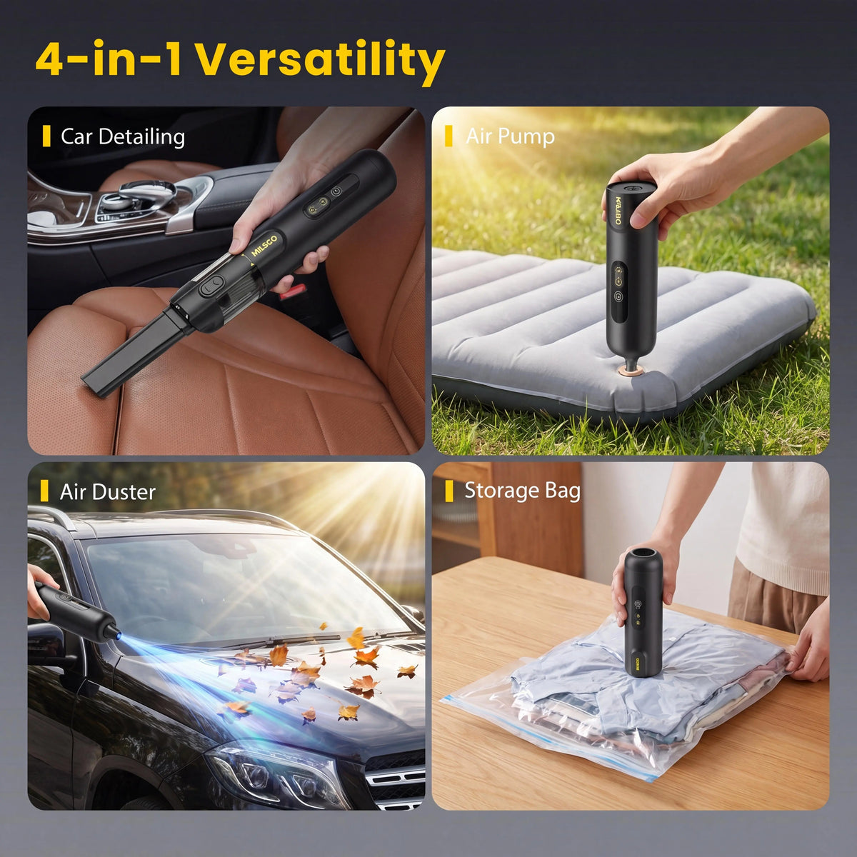 Cordless Portable Car Vacuum Cleaner – 15,000Pa Powerful Suction, 4-in-1 Mini Vacuum, Green LED Indicator