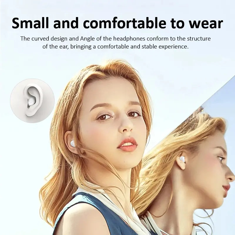 Ultra-small, invisible wireless in-ear headphones—lightweight silicone material (weighing only 0.08 oz), noise cancellation support, 25-hour battery life.