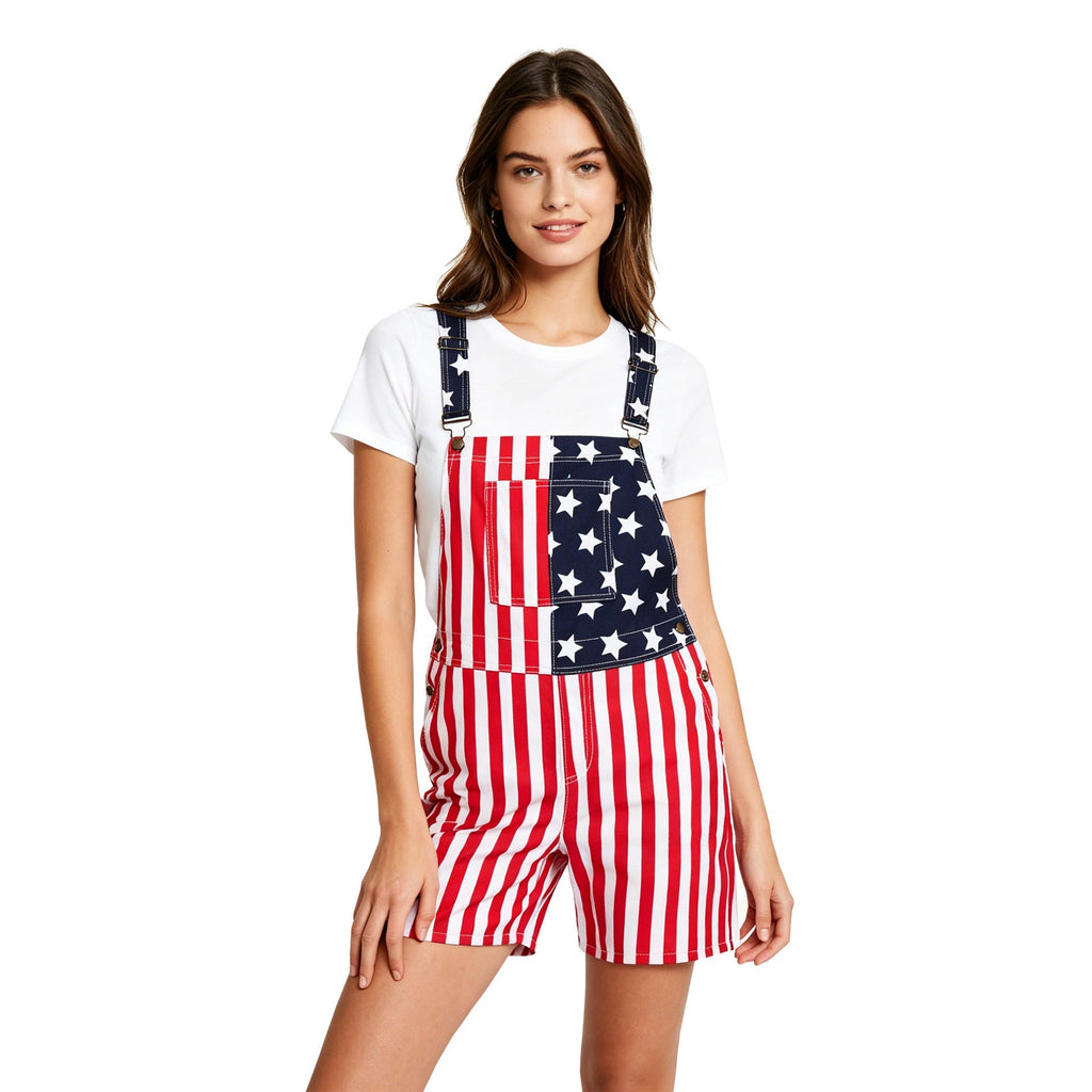 4th of July American Flag Overalls – Patriotic Stretch Denim Romper for Men & Women