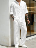 🔥Men's Linen Stand Collar Long Sleeve Button Shirt & Straight Leg Pants Set