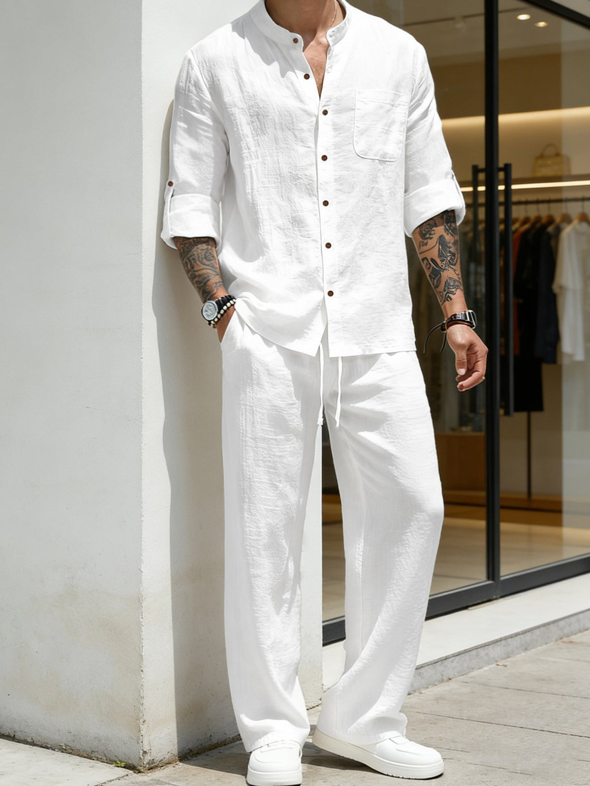 🔥Men's Linen Stand Collar Long Sleeve Button Shirt & Straight Leg Pants Set