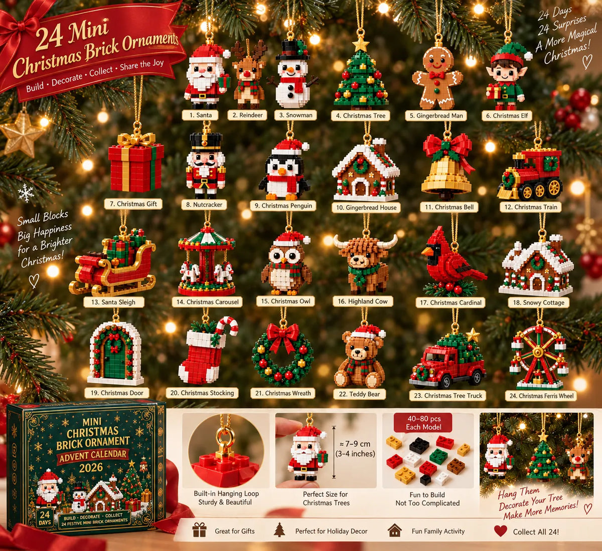 🎄24-Day Mini Christmas Brick Ornament Advent Calendar – Build, Hang & Keep 24 Holiday Ornaments 🎁✨