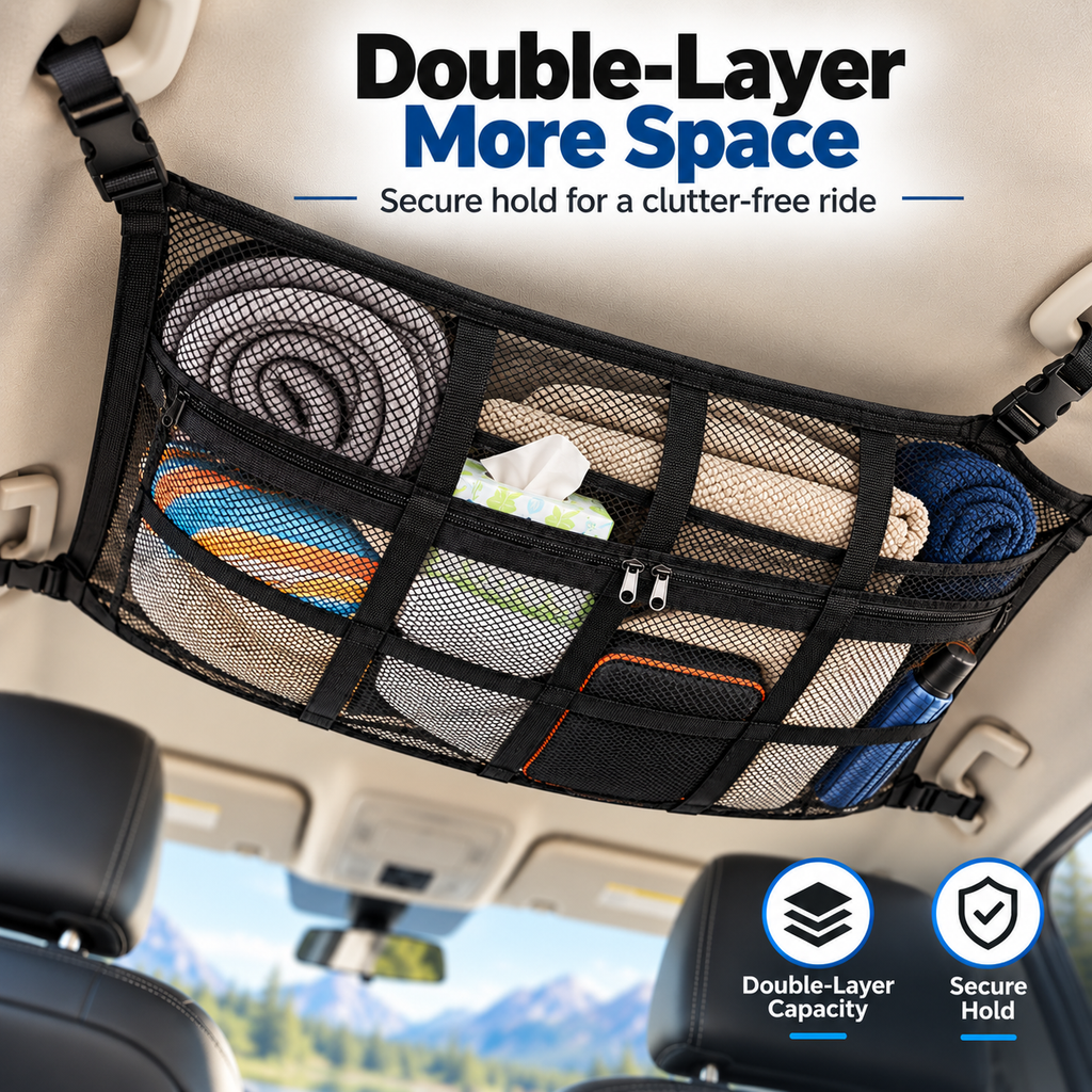 🎁Double-Layer Car Ceiling Cargo Net Storage Organizer