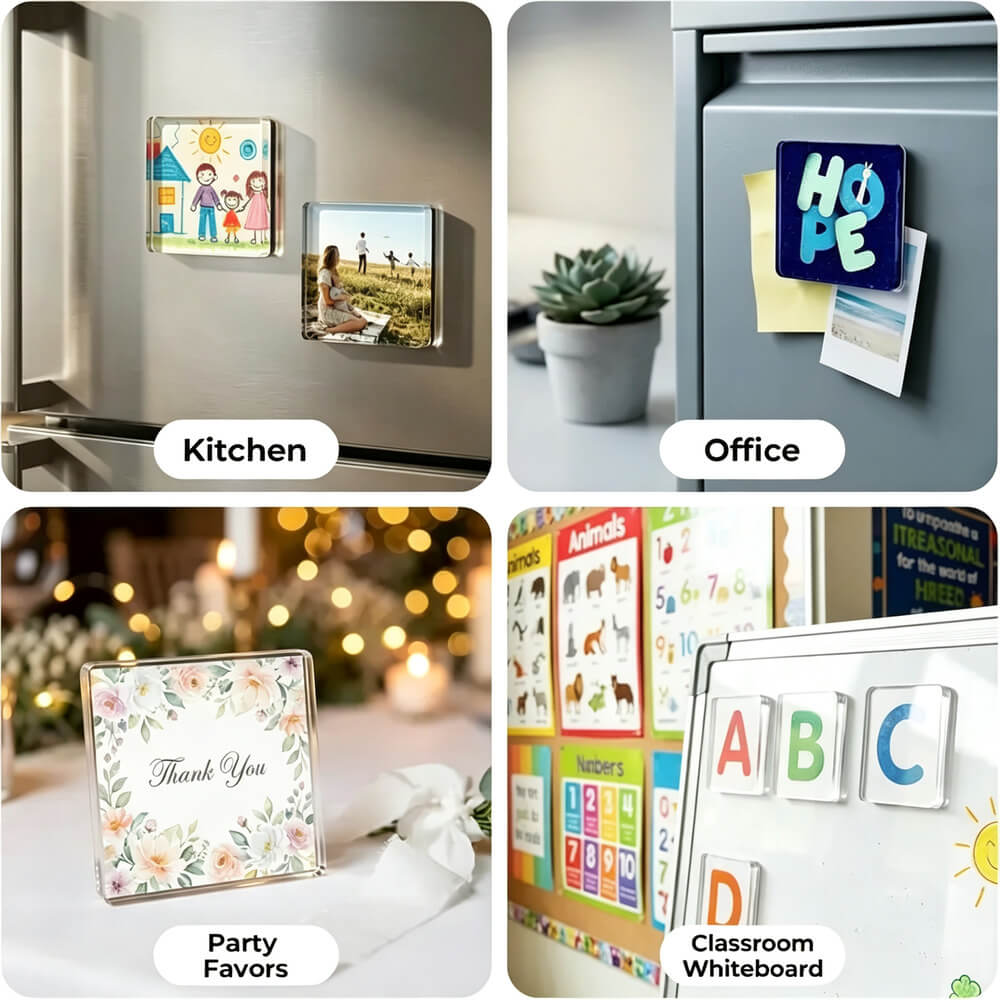 Acrylic DIY Square Fridge Magnets Set with Adhesive Backing - Photo Frames for Crafts, Kitchen, Home Decor Use