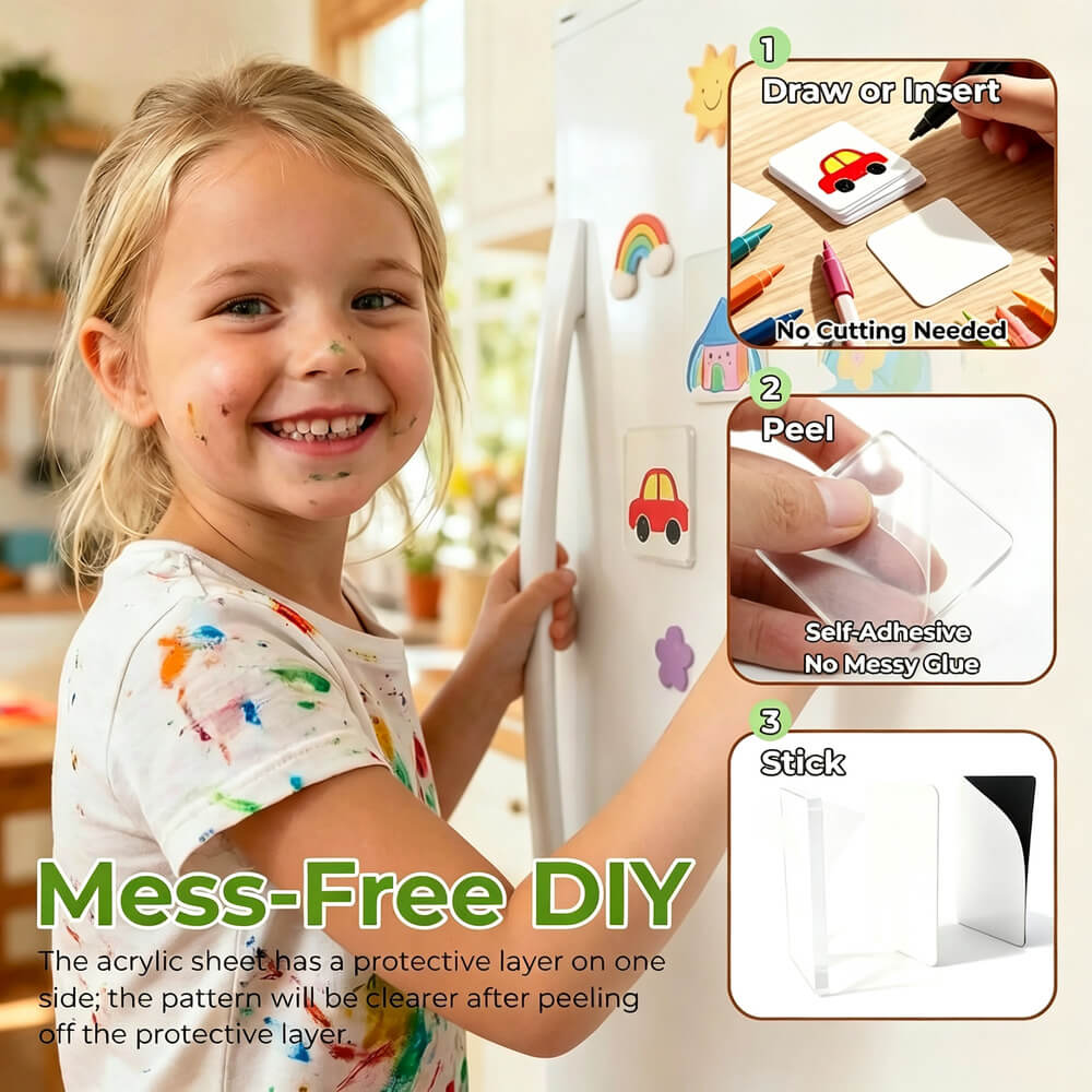 Acrylic DIY Square Fridge Magnets Set with Adhesive Backing - Photo Frames for Crafts, Kitchen, Home Decor Use