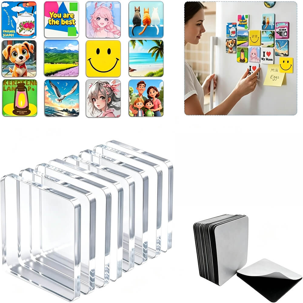 Acrylic DIY Square Fridge Magnets Set with Adhesive Backing - Photo Frames for Crafts, Kitchen, Home Decor Use