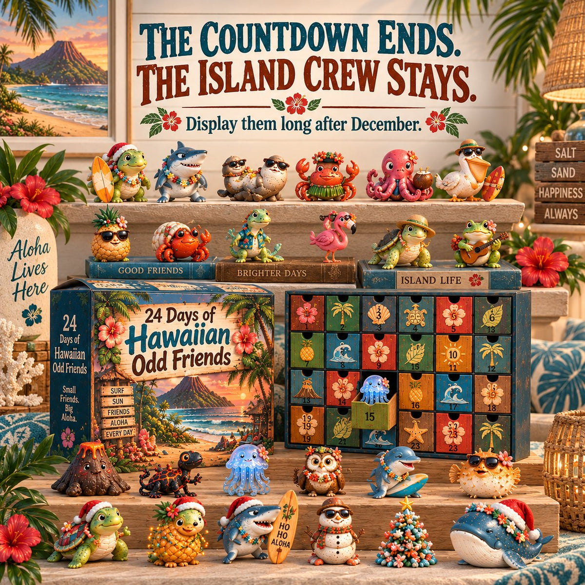 🌺🎄 24 Days of Hawaiian Odd Friends Advent Calendar – 24 Hand-Painted Tropical Mini Figures 🎁✨