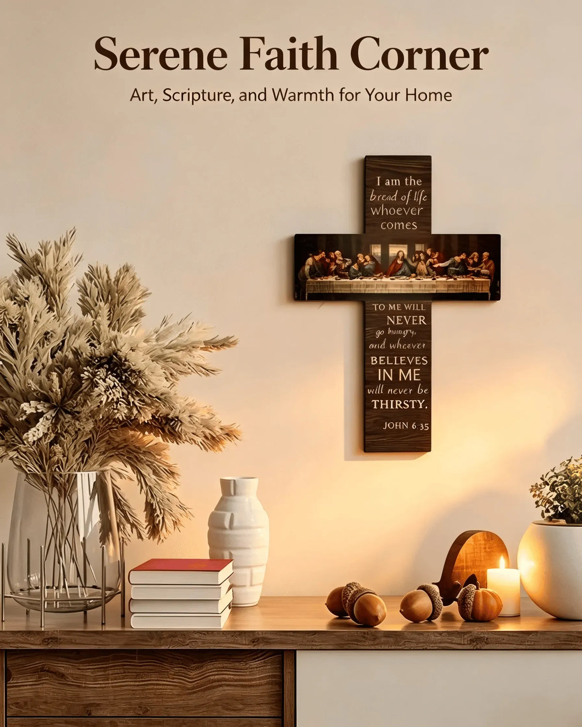 ✝️ The Last Supper Vintage Wooden Cross | John 6:35 Scripture Wall Décor