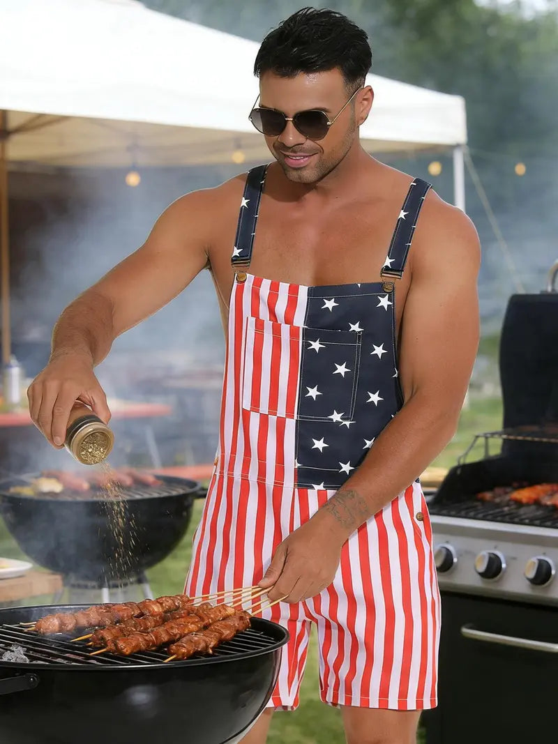 4th of July American Flag Overalls – Patriotic Stretch Denim Romper for Men & Women