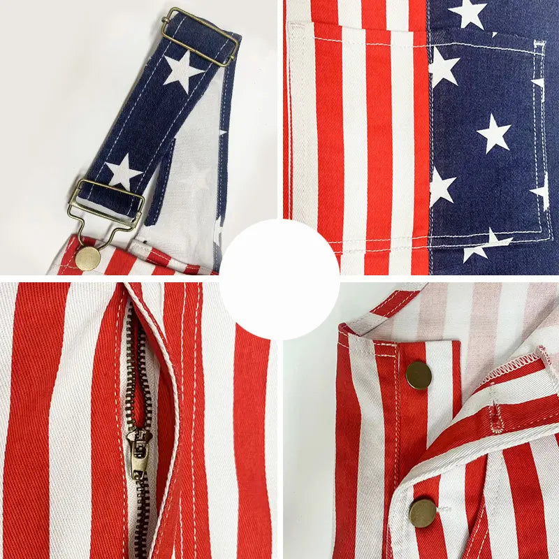 4th of July American Flag Overalls – Patriotic Stretch Denim Romper for Men & Women