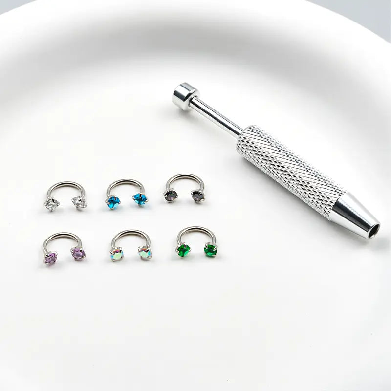 ✨ 6PCS 316L Medical-Grade Titanium Steel Horseshoe Nose Hoop Set – Internally Threaded Gem Nose Rings with Free Ball Holder & Guiding Needle