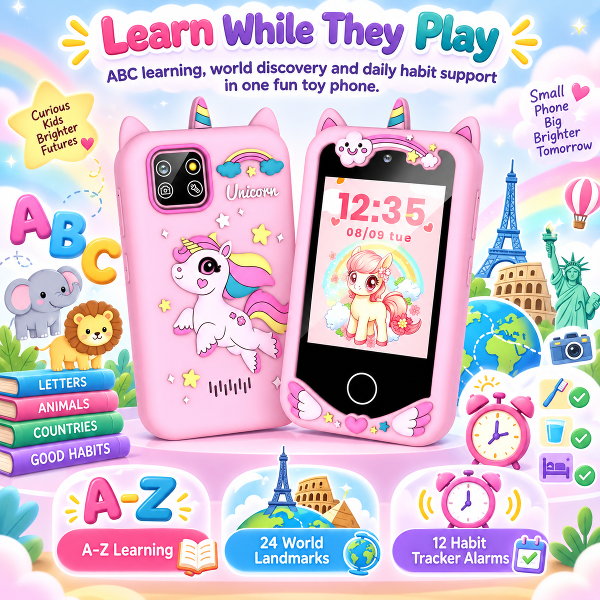 📱📸 Smartphones for children, featuring an HD touchscreen, dual cameras, and built-in MP3 player and games. 🎵🎮