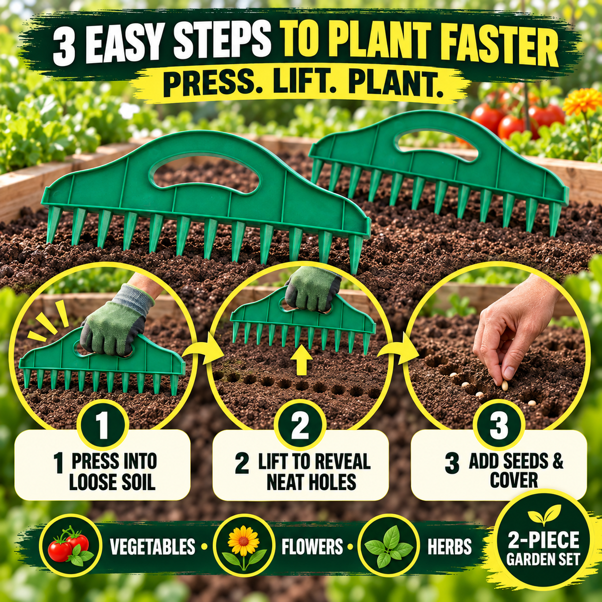 🌱 2-Pack Garden Seed Spacing Tool – Multi-Row Soil Dibbler & Furrow Maker